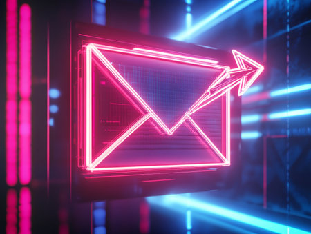 Symbolic white envelope with arrow illustrating email delivery to computer screen in photographyの写真素材