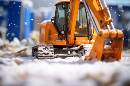 Dynamic winter scene with orange excavator amidst heavy snowfall and striking color contrast