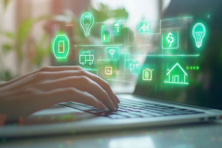 Woman using laptop with glowing business icons. Technology concept. Double exposureの写真素材