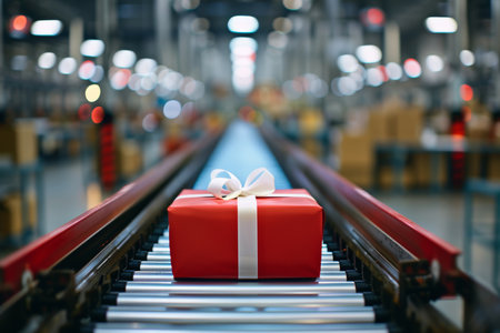 Red gift box with white ribbon on conveyor belt in warehouse christmas present conceptの写真素材