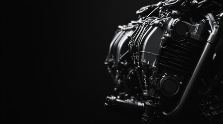 Black and white engine banner on dark background with space for text in stock photography styleの写真素材