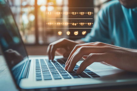 Close up of hands typing on a laptop with password entry fields in a brightly lit room