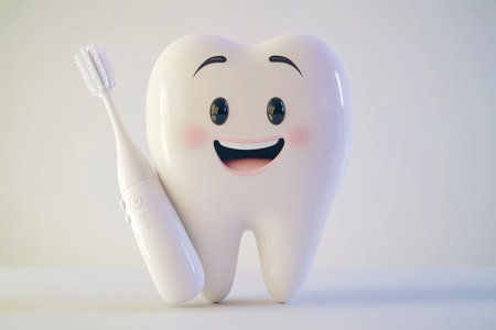 Vibrant 3d cartoon tooth character with electric toothbrush promoting oral health and hygieneの写真素材