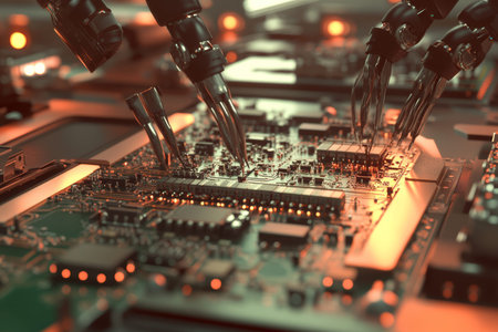 Detailed close up of robotic soldering in a futuristic circuit board assembly environment