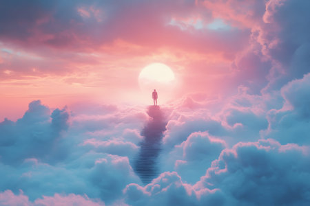 A man stands on stairs above the clouds, immersed in a surreal dreamlike landscape of wonder.