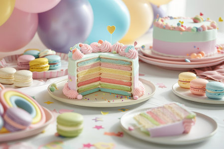 Vibrant heart shaped rainbow cake surrounded by balloons and confetti for easter celebration