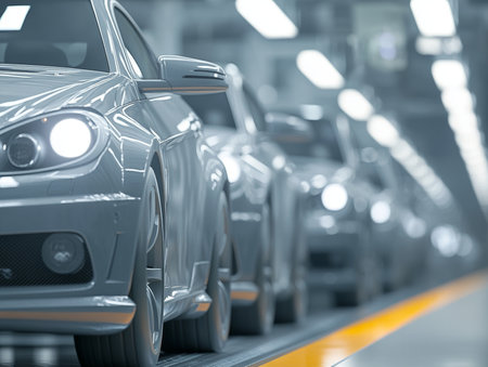 Modern car factory assembly line with gray cars painted under bright industrial lightingの写真素材