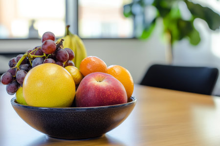 Colorful and filled fruit bowl serving as a lively decorative accent in modern office backgroundの写真素材