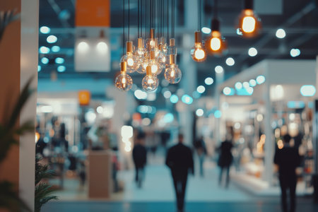Realistic photo of a modern home interior in a shopping mall with people and bokeh background
