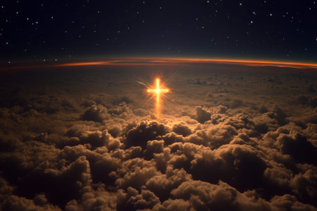 Illuminated cross above the clouds a symbol of faith, hope, and resurrection in Christianityの写真素材