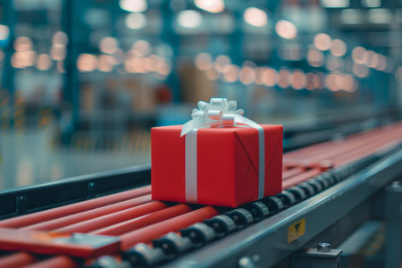 Red gift box with white ribbon on conveyor belt in warehouse for Christmas present conceptの写真素材