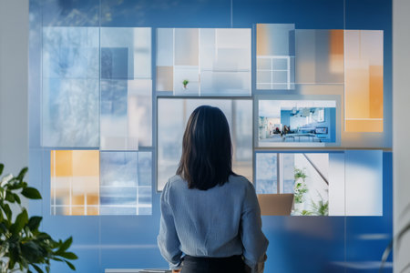 Businesswoman Analyzing Property Data on Futuristic Transparent Screens, Real Estate Market Analysisの写真素材