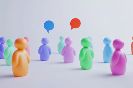 Colorful 3d human figures with matching speech bubbles on white background symbolizing communicationの写真素材