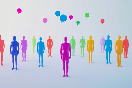 Colorful 3d human figures with speech bubbles on a white background symbolizing communication