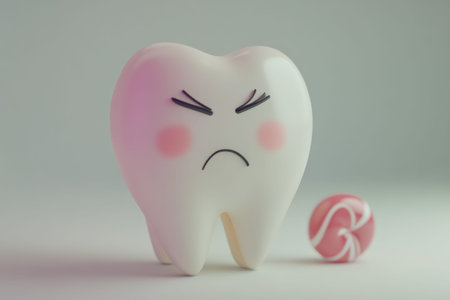 3d cartoon tooth character expressing discomfort from eating sour candy on a white background