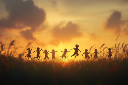Joyful silhouette of children jumping together in a field at sunset for summer celebration cardの写真素材