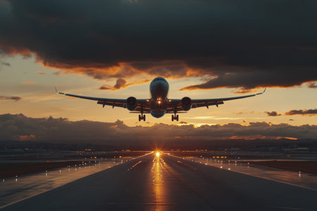 Stunning sunset capture of a passenger airplane taking off from runway with beautiful clouds