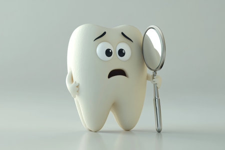 Nervous tooth character in 3d cartoon animation undergoing dental inspection with mirrorの写真素材