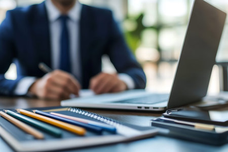 Close up of a businessman s desk essential tools for success with laptop, notebook, and pens