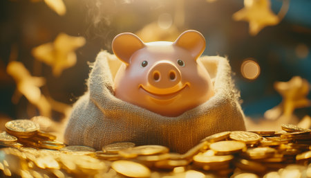 Photography of savings and investment concept featuring piggy bank, money bag, and gold coinsの写真素材
