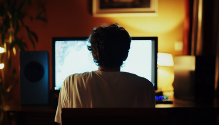 Gamer engrossed in online gameplay at home with high performance personal computer setup