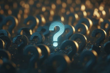 Intriguing 3d scene featuring dark gray question marks with a bright blue mark symbolizing curiosity