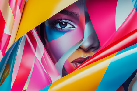 Colorful Portrait, Woman s Face With Makeup Surrounded by Abstract Geometric Shapes, Modern Art 8Kの写真素材