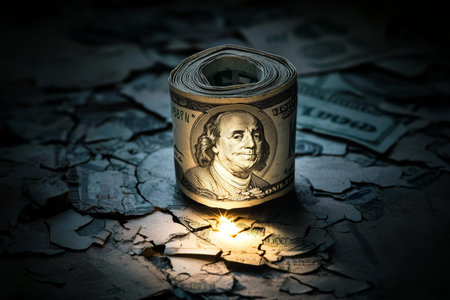 Illuminated roll of dollars on broken currency in a dark setting captured in a photography shot