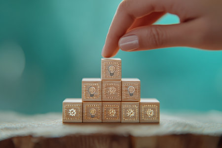 Innovative leadership and teamwork illustrated with wooden blocks and light bulb symbolizing ideasの写真素材