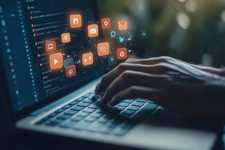 Businessman engaged in digital marketing with laptop and social media icons in virtual environment