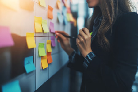 Close up of a businesswoman creating a project plan with colorful sticky notes in an officeの写真素材