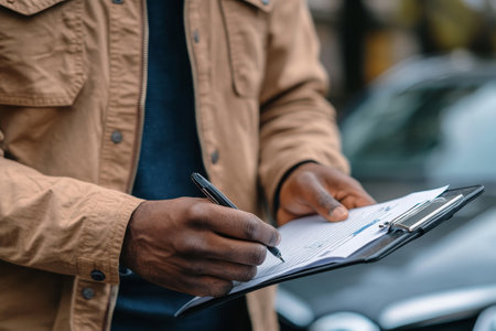 Man completing car insurance claim after accident, discussing coverage and deductibles with adjusterの写真素材