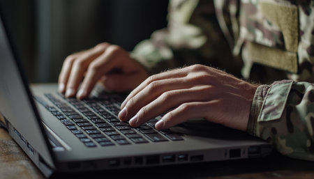 Close up of soldier s hands typing on laptop, capturing the essence of military technology useの写真素材