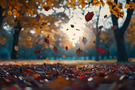Captivating autumn scene a serene landscape of colorful leaves bathed in golden hour lightの写真素材