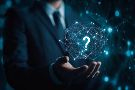 Businessman with question mark icon on blue background, symbolizing technology and innovationの写真素材