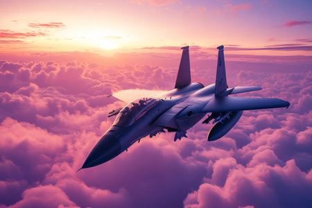 Stunning 3d render of a fighter jet soaring through a vibrant sunset sky with dramatic cloudsの写真素材