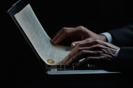Businessman Reviewing Legal Document, Contract Agreement, Business Law, Online Notaryの写真素材