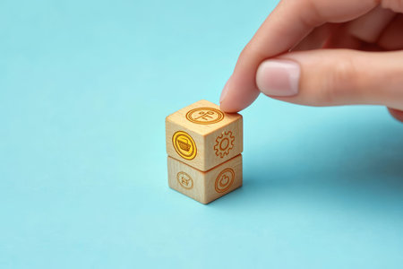 Business strategy concept hand setting goals with wooden blocks and icons on light blue background