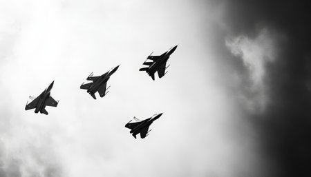 Modern military fighter jets soar through the sky in a dynamic aerial photography shotの写真素材