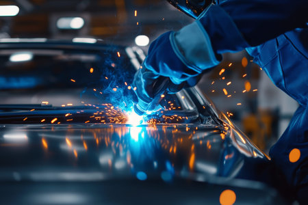 Professional welder repairs car body with mig torch, showcasing sparks and intense heat in action