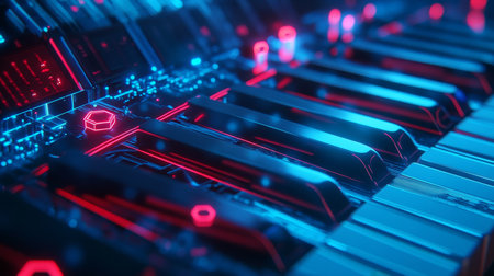 Abstract futuristic piano keys with glowing hexagons on a circuit board in blue and red themeの写真素材