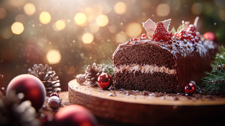 Festive chocolate yule log cake on wooden plate surrounded by christmas decor and warm lightingの写真素材