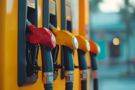 Colorful gas pump nozzles at a station for refueling vehicles with petrochemical energy sourcesの写真素材