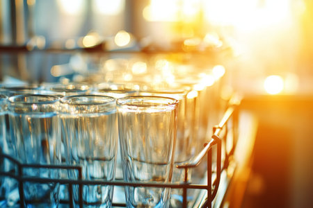 Bright modern kitchen featuring an open dishwasher filled with sparkling clean glasswareの写真素材