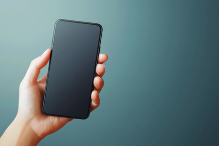 A hand holding a realistic smartphone against a vibrant color gradient background illustrationの写真素材