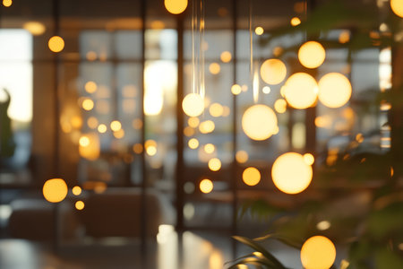 Cozy indoor space with warm bokeh lights a serene atmosphere of relaxation and festivityの写真素材