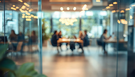Business meeting in transparent office space with blurred background of attendees