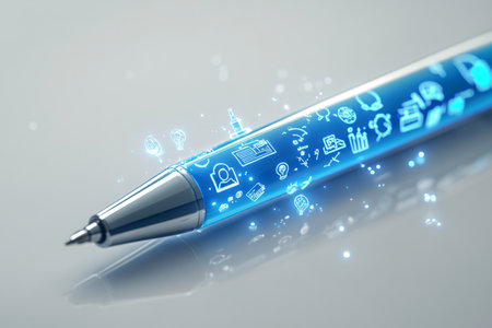 Dynamic digital illustration of a blue pen with business icons and glowing light effectsの写真素材