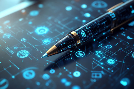 A pen surrounded by floating digital business icons highlighting technology s impact on marketingの写真素材