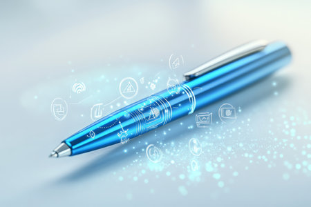 Dynamic digital illustration of a blue pen with business icons on a light gradient backgroundの写真素材